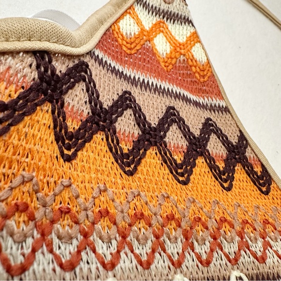 Chevron Embroidery Halter Crop Top Knit Backless Orange & Brown Small - Picture 3 of 6